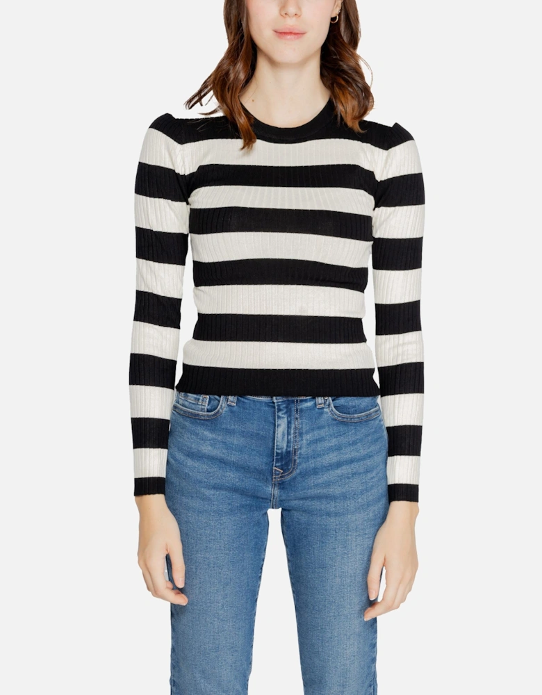 Black Striped Knit Round Neck Sweater Women Knitwear