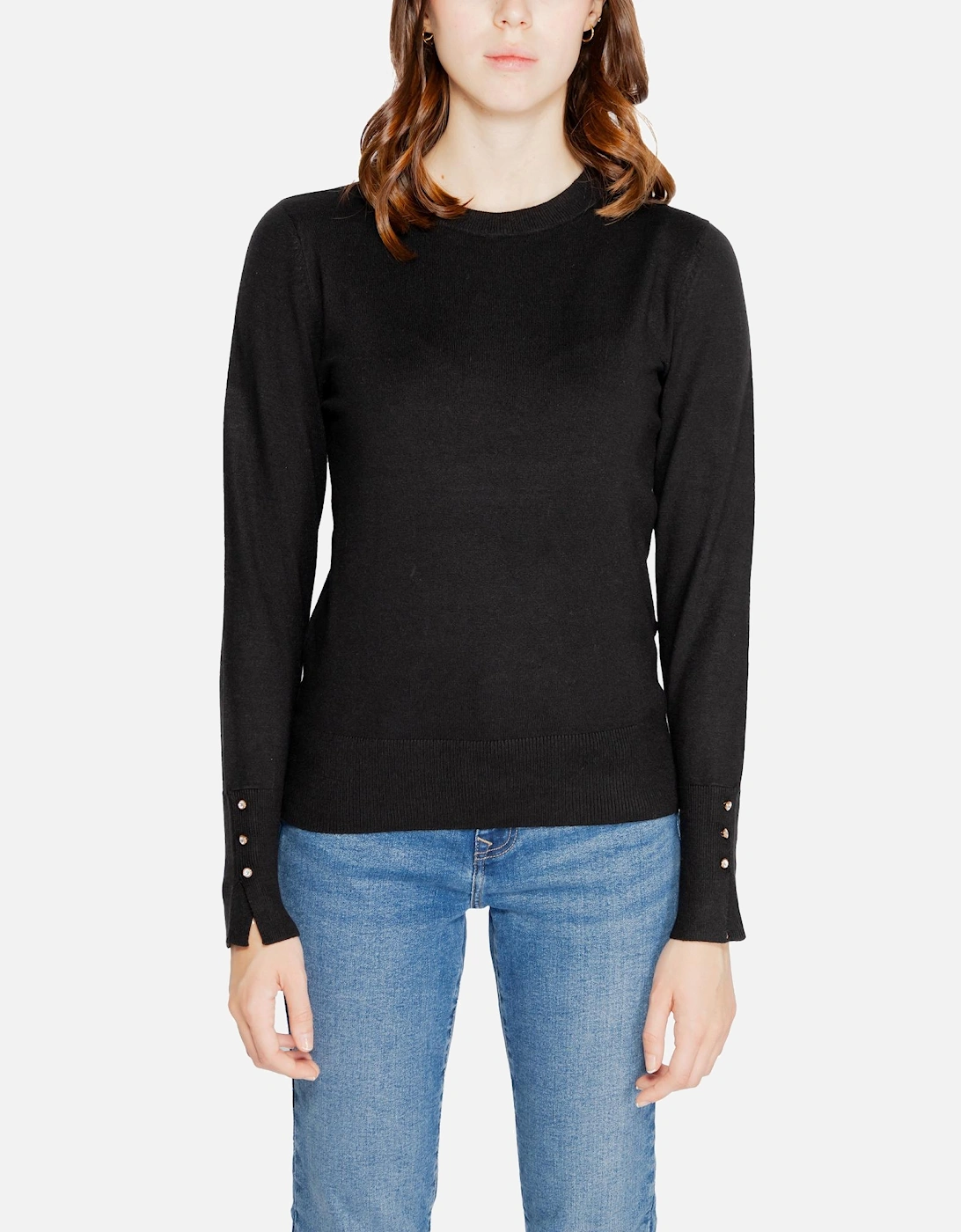 Black Plain Knit Round Neck Sweater Women Knitwear, 4 of 3