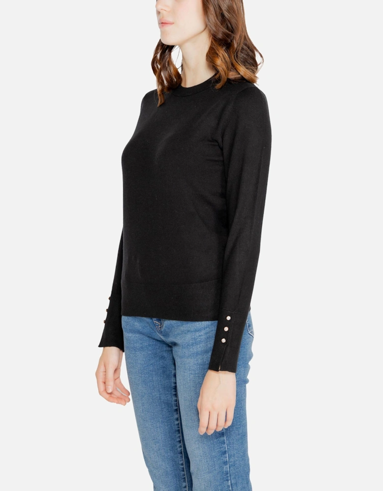 Black Plain Knit Round Neck Sweater Women Knitwear