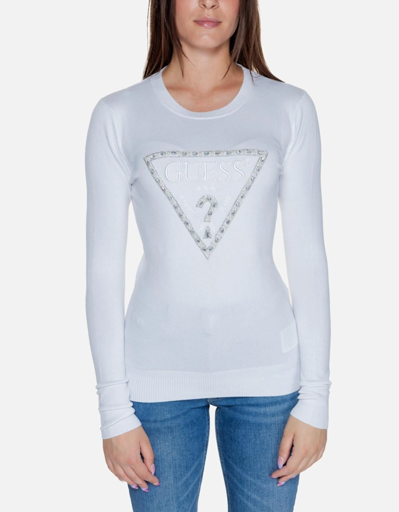 White Knit Long Sleeve Round Neck Sweater Women Knitwear