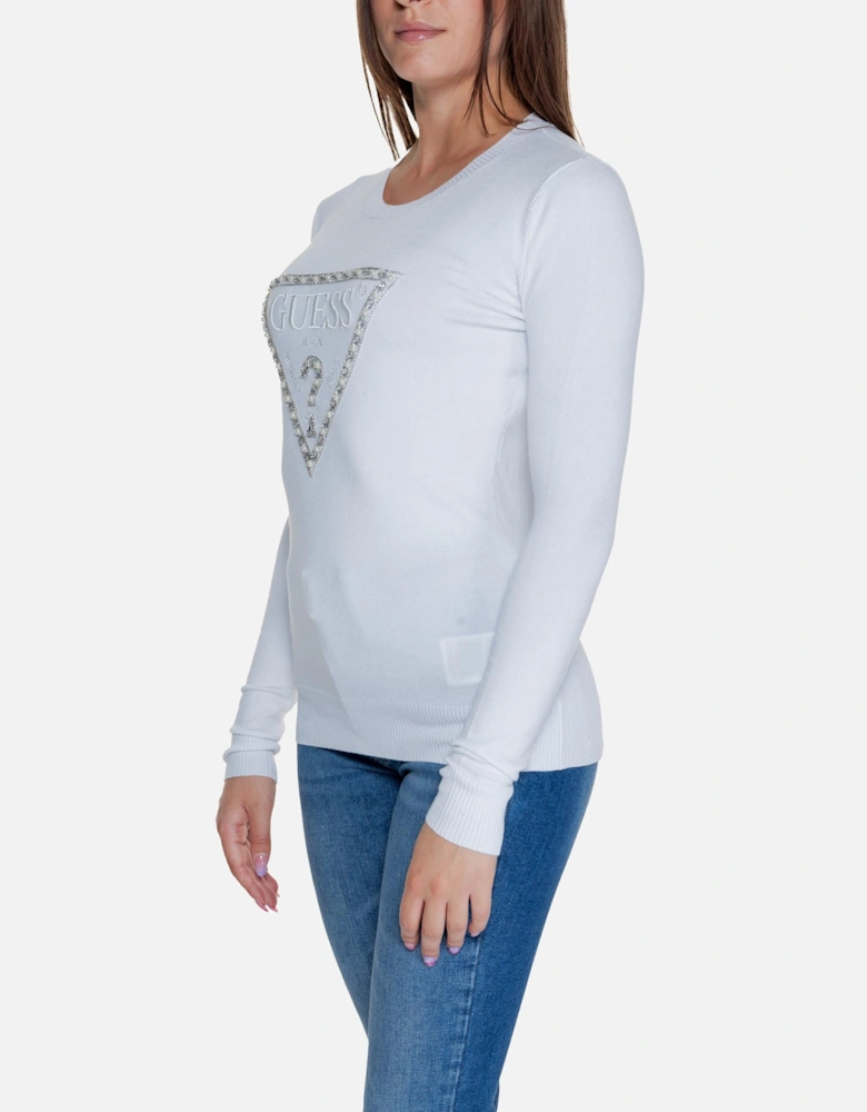 White Knit Long Sleeve Round Neck Sweater Women Knitwear