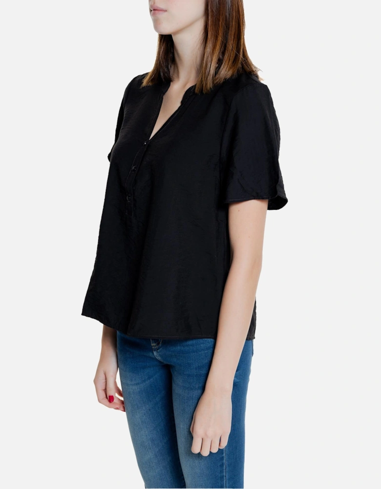 Black V-Neck Short Sleeve Shirt with Button Fastening Women
