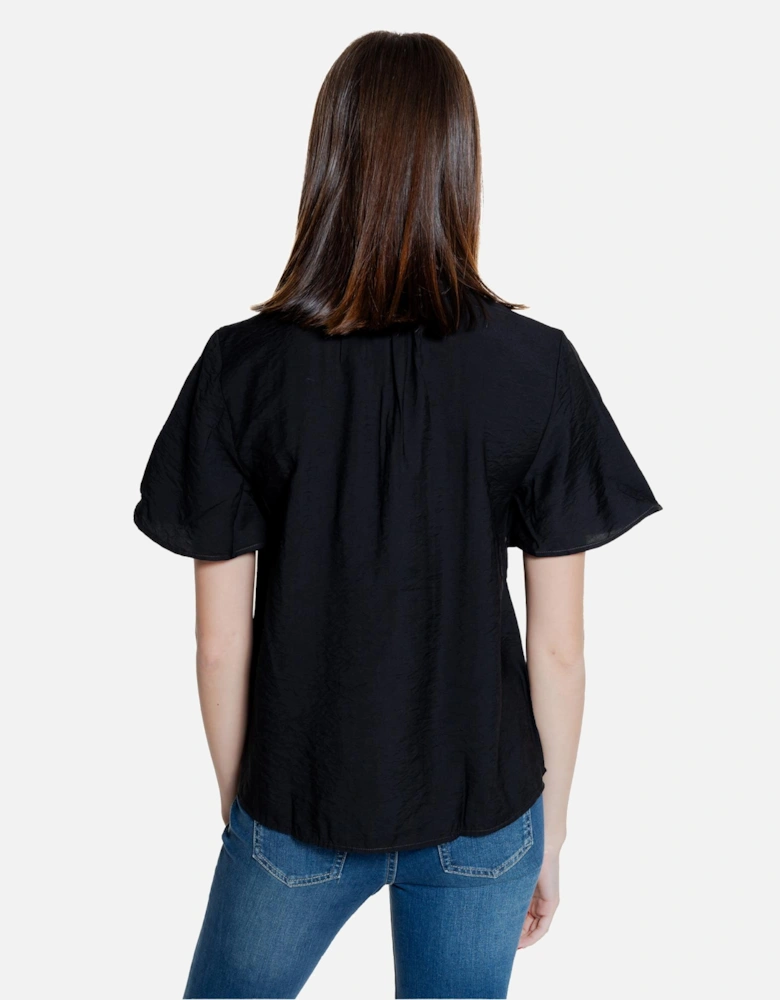 Black V-Neck Short Sleeve Shirt with Button Fastening Women