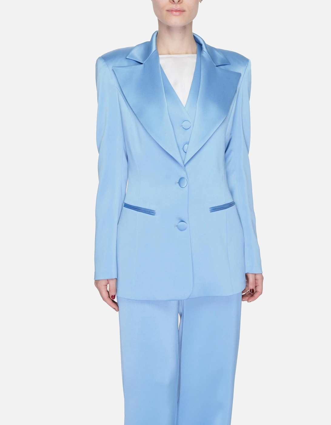 Blue Plain Buttoned Blazer with Low-cut V-neck for Women, 4 of 3