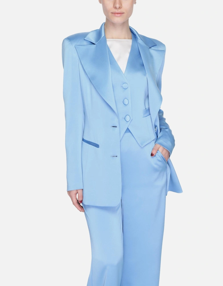 Blue Plain Buttoned Blazer with Low-cut V-neck for Women