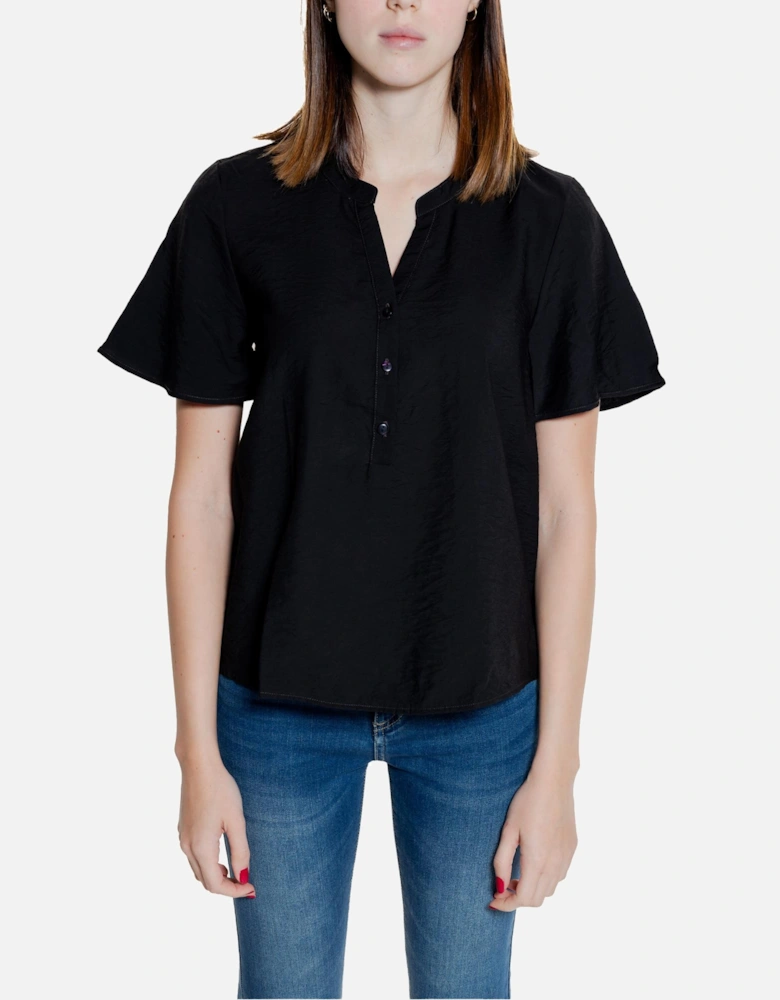 Black V-Neck Short Sleeve Shirt with Button Fastening Women