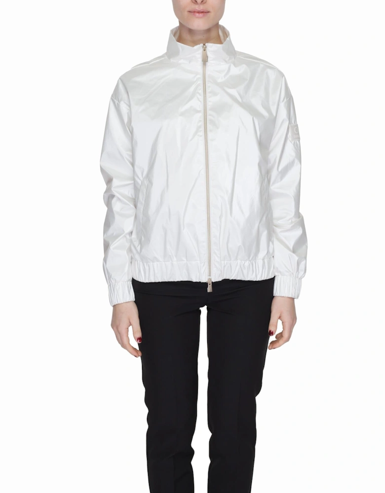 White Polyester Zip-Up Jacket with Front Pockets Women Jackets