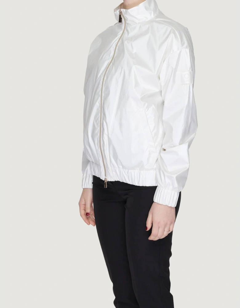 White Polyester Zip-Up Jacket with Front Pockets Women Jackets