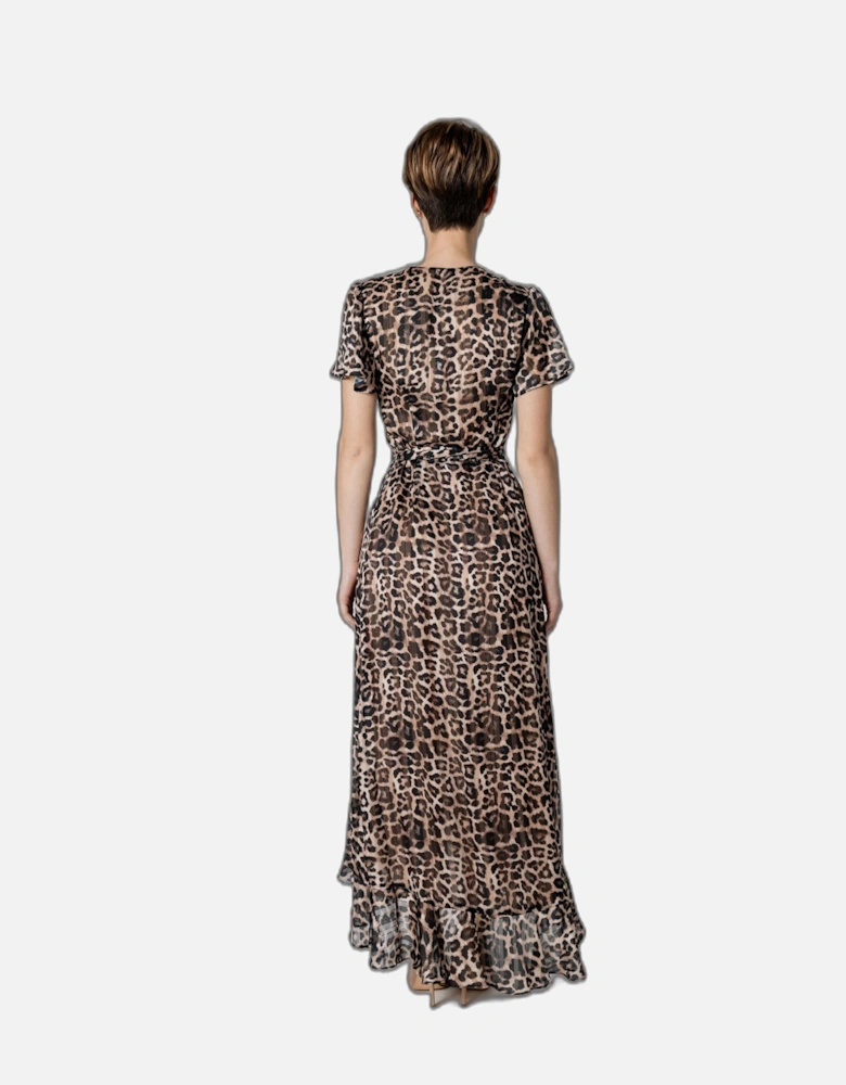 Leopard Print V-Neck Short Sleeve Dress Women - Brown Dresses