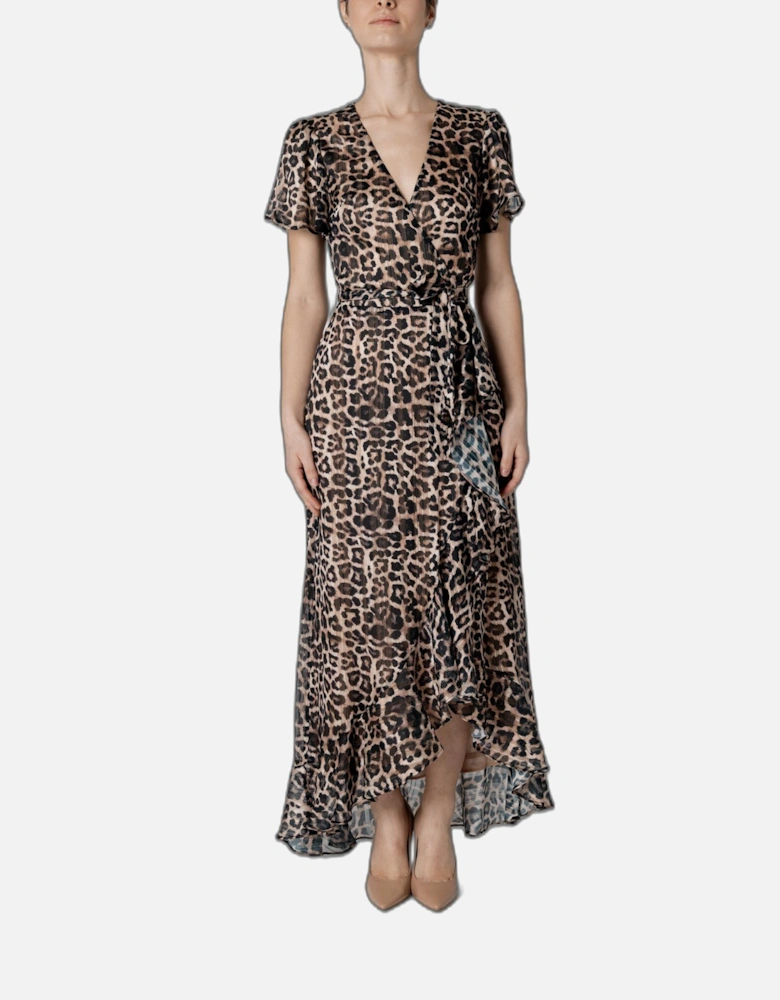 Leopard Print V-Neck Short Sleeve Dress Women - Brown Dresses
