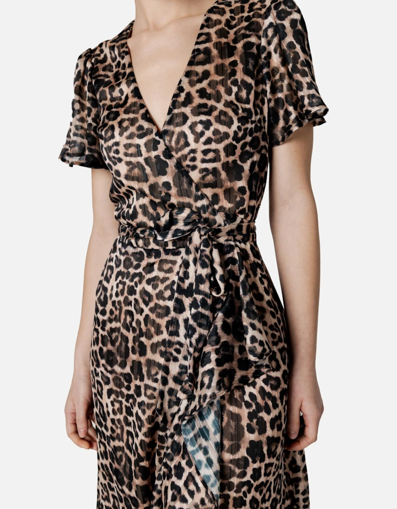 Leopard Print V-Neck Short Sleeve Dress Women - Brown Dresses