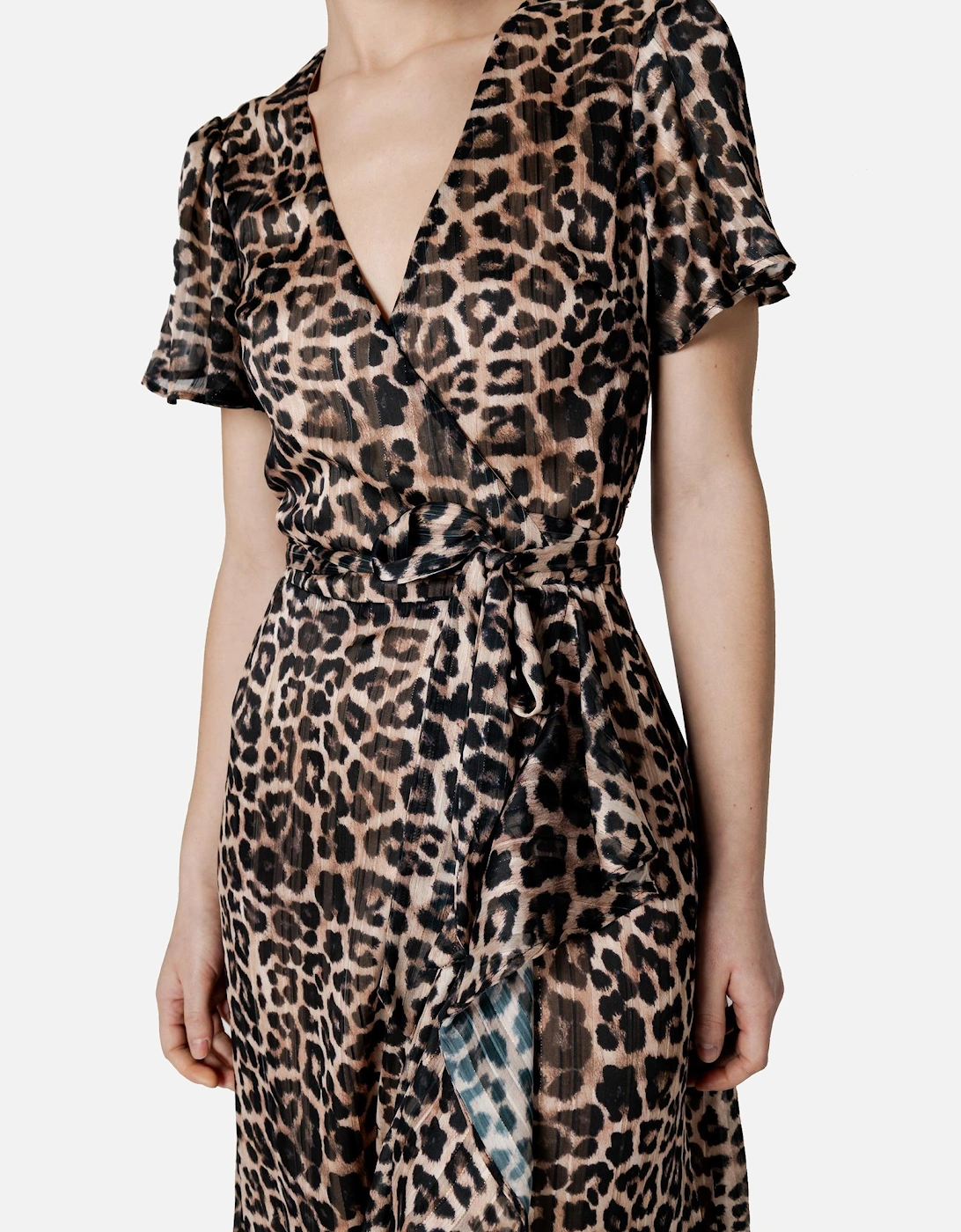 Leopard Print V-Neck Short Sleeve Dress Women - Brown Dresses