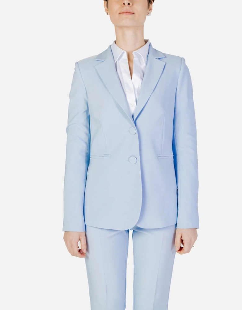 Light Blue Button-Up Blazer with V-Neckline and Lapel Collar Women
