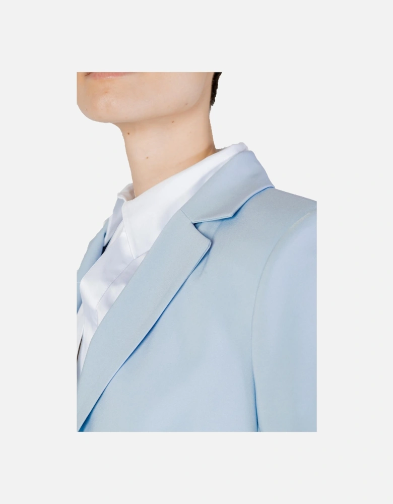 Light Blue Button-Up Blazer with V-Neckline and Lapel Collar Women