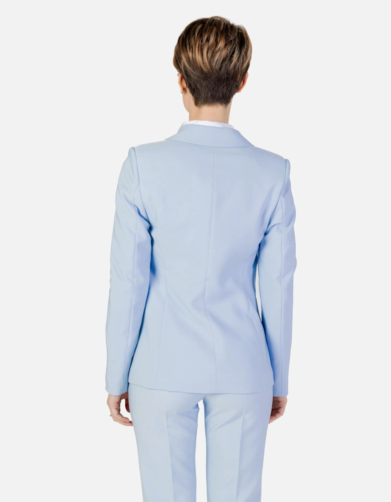 Light Blue Button-Up Blazer with V-Neckline and Lapel Collar Women