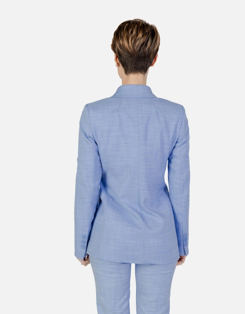 Light Blue Button-Front Blazer with V-Neck and Lapel Collar Women