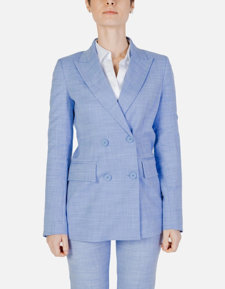 Light Blue Button-Front Blazer with V-Neck and Lapel Collar Women