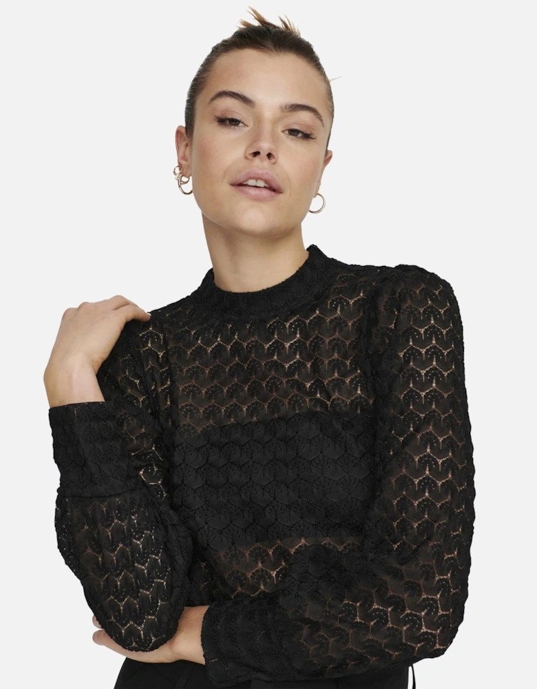 Long Sleeve High Neck Lace Top Women - Black