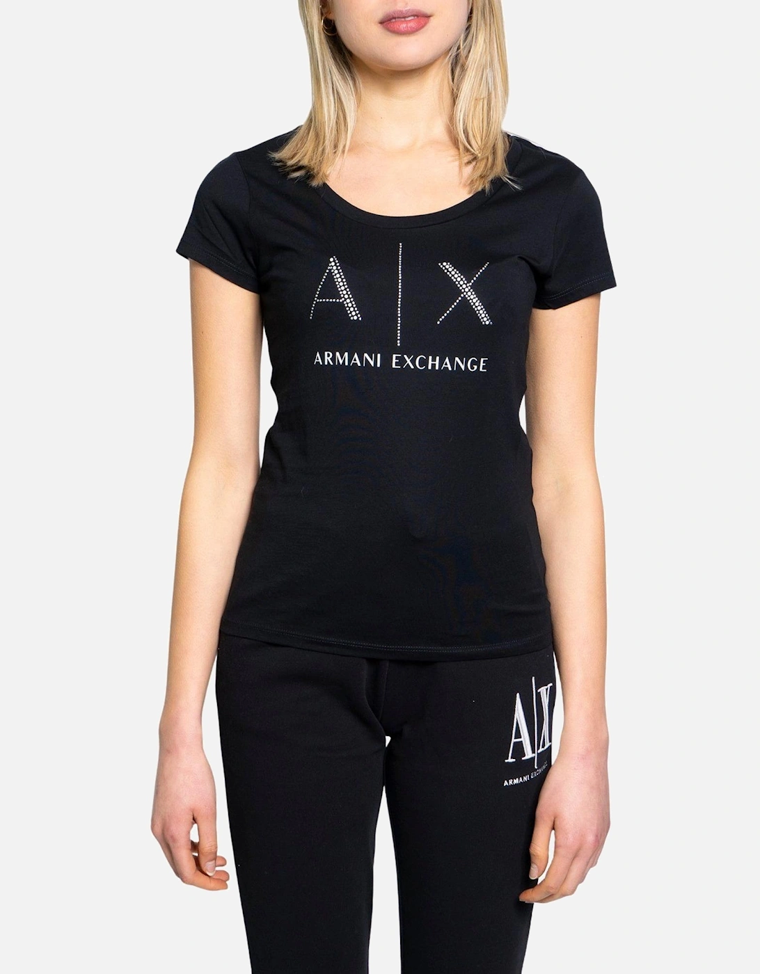 AX Logo TShirt Crystal Logo Short Sleeves Women - Black Shirts, 3 of 2