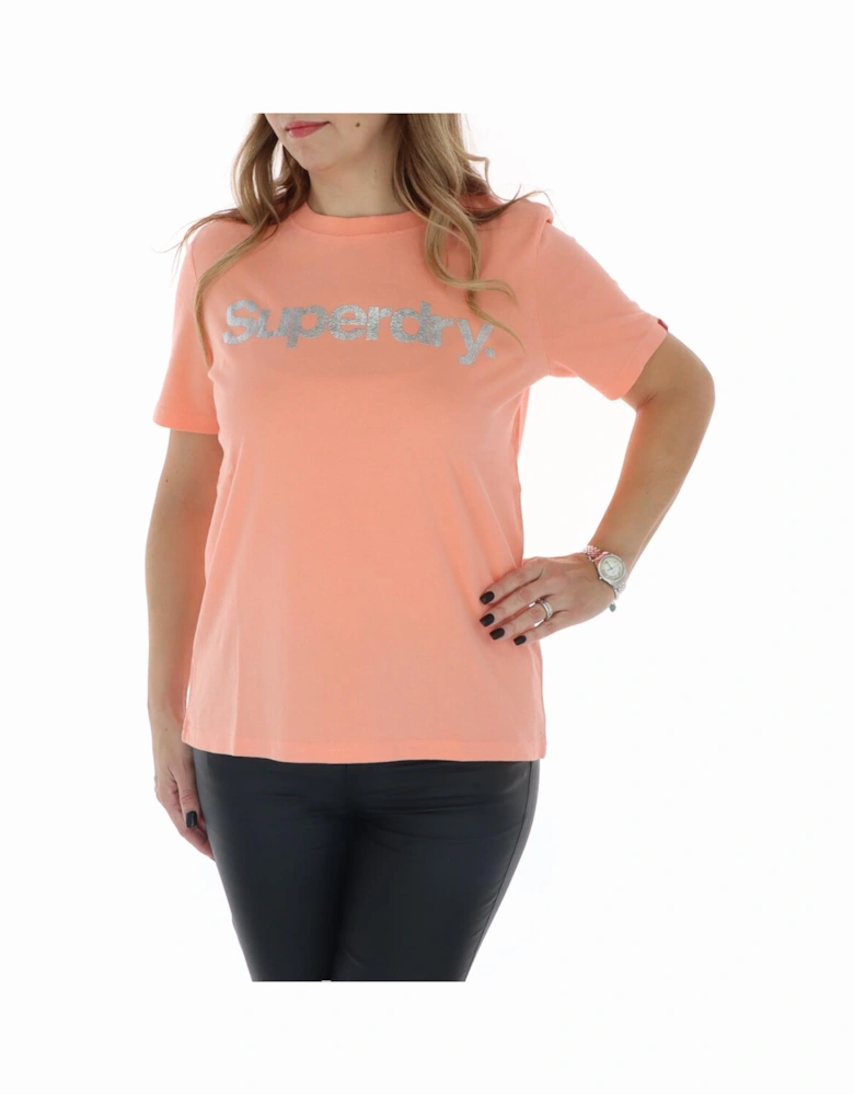 Orange Glitter Logo Tee Short Sleeve Women - Pink Shirts