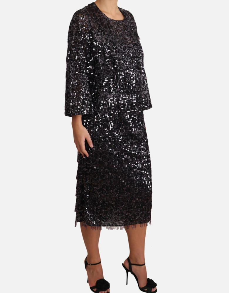 Sequined Long Sleeve Midi Shift Dress Women - Black Dresses