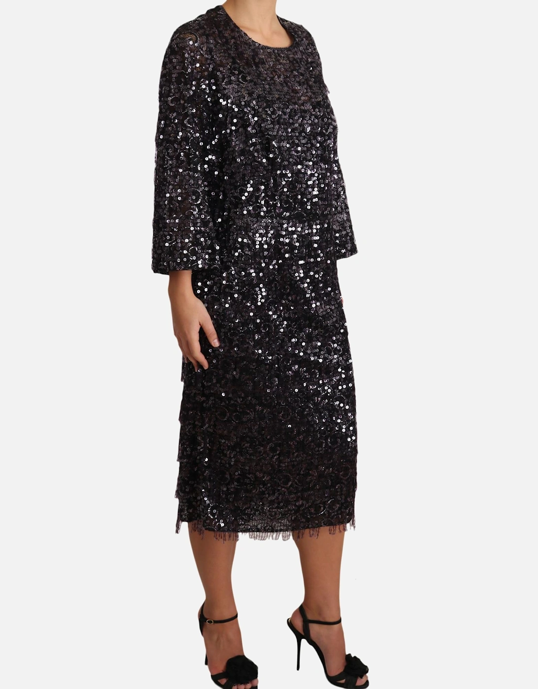 Sequined Long Sleeve Midi Shift Dress Women - Black Dresses