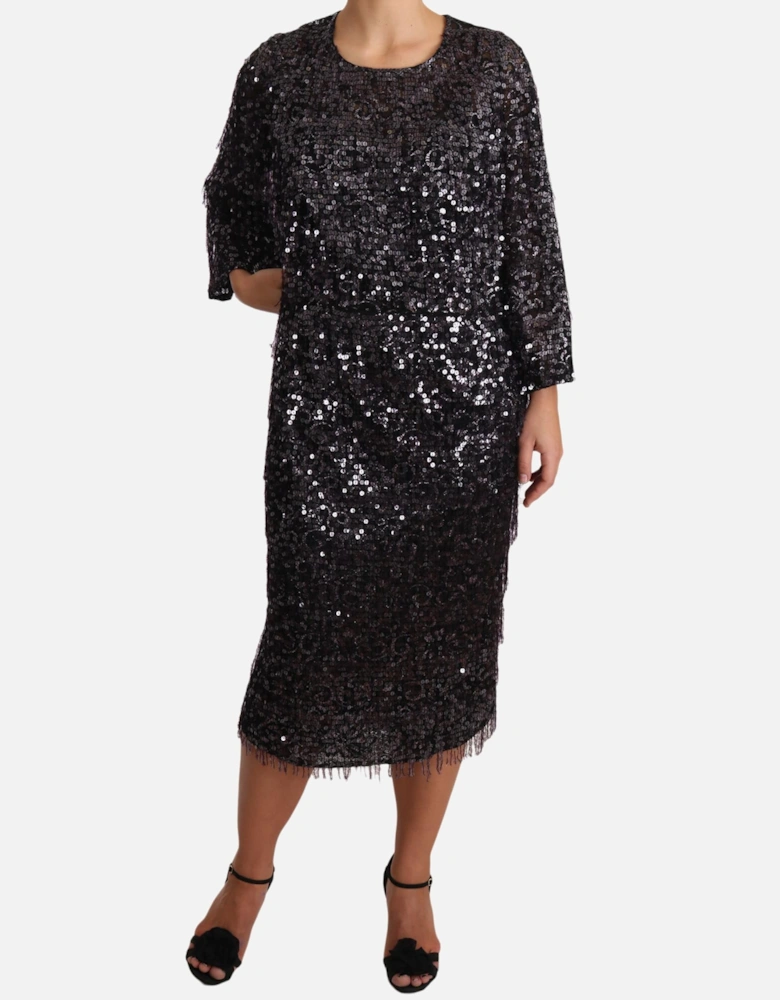 Sequined Long Sleeve Midi Shift Dress Women - Black Dresses