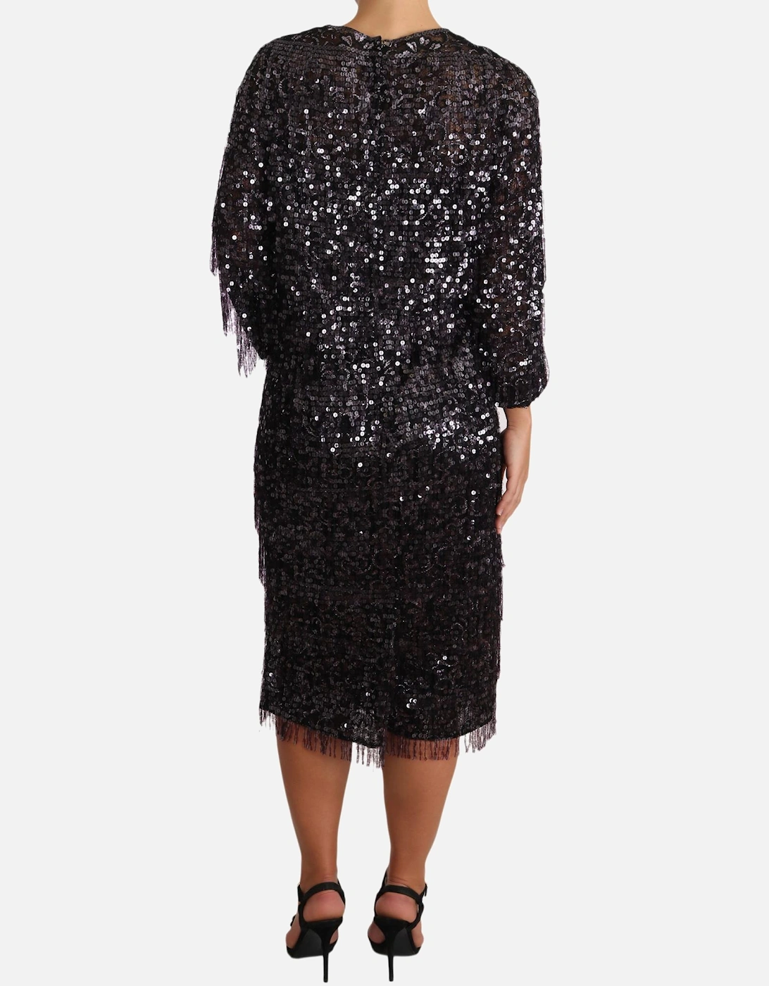 Sequined Long Sleeve Midi Shift Dress Women - Black Dresses