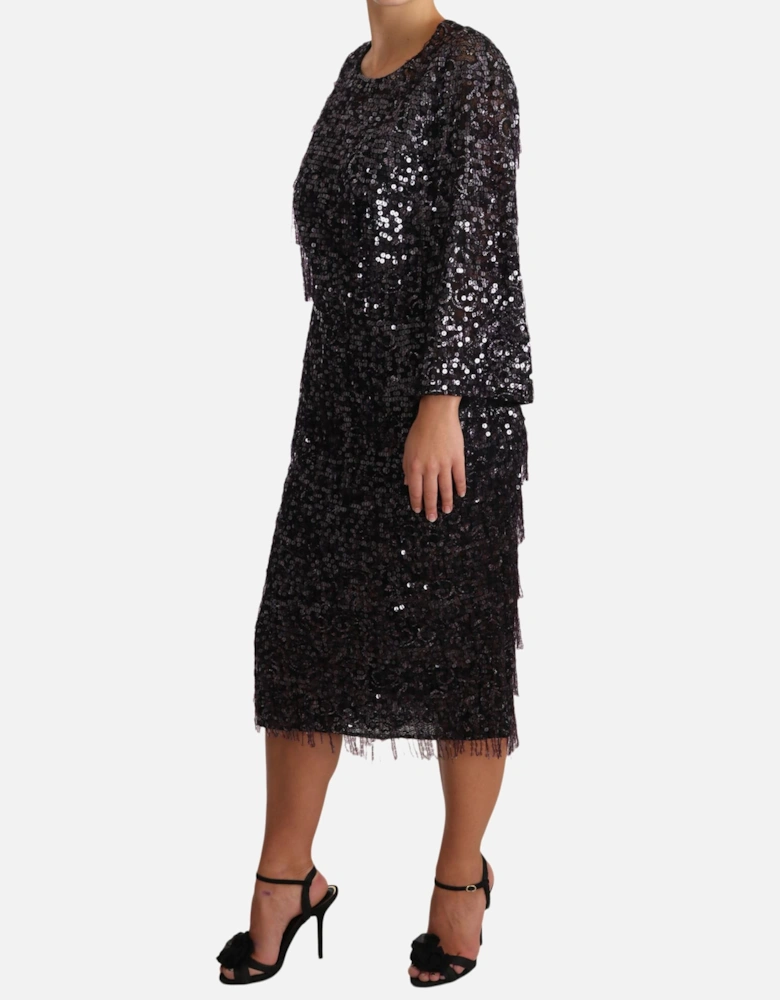 Sequined Long Sleeve Midi Shift Dress Women - Black Dresses