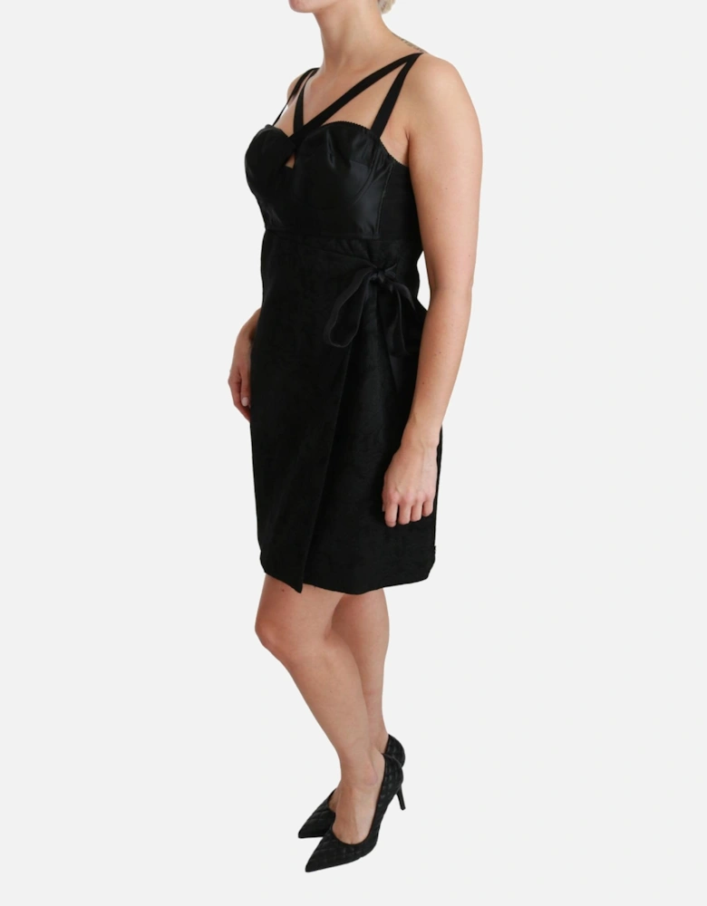 Wrap Mini Dress Textured Satin Bodice Women - Black Dresses