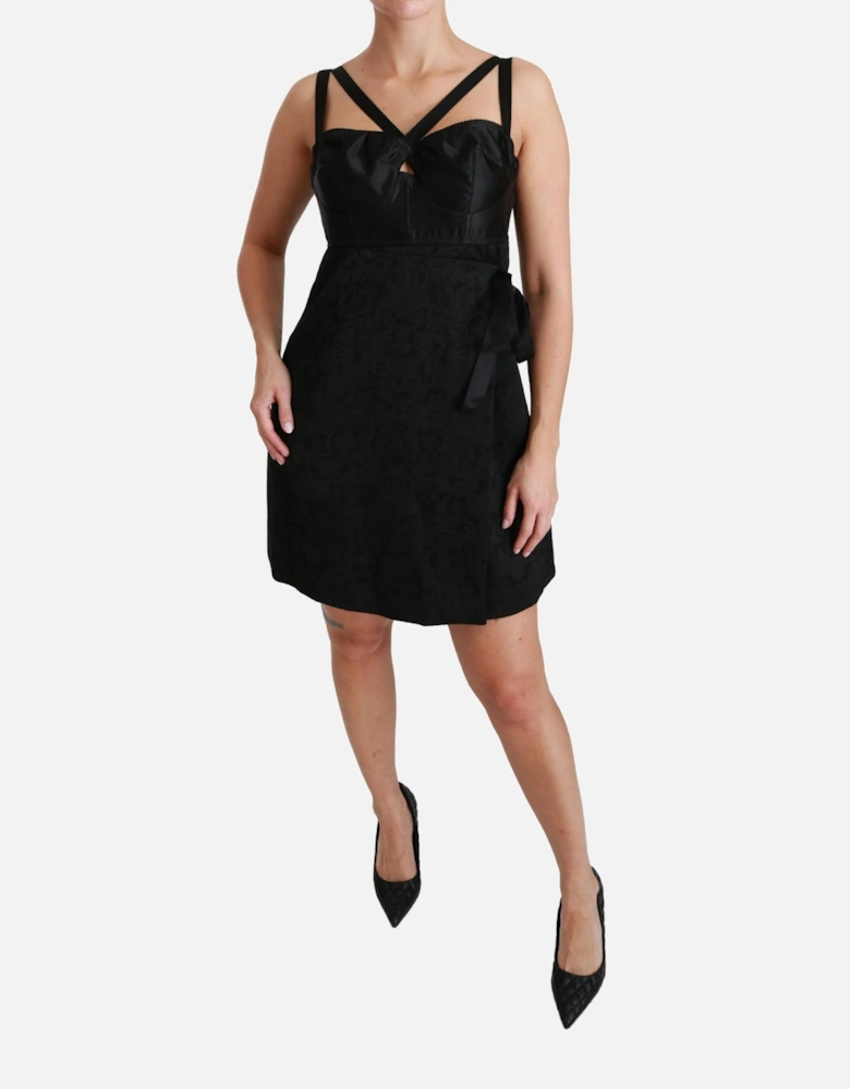 Wrap Mini Dress Textured Satin Bodice Women - Black Dresses