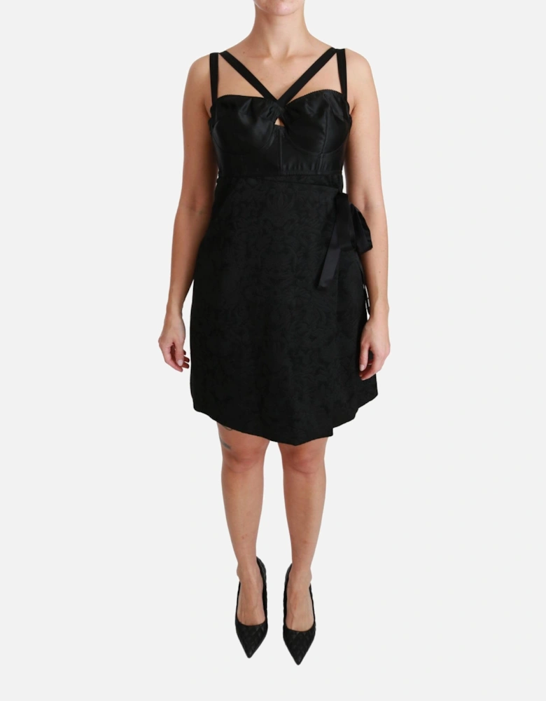 Wrap Mini Dress Textured Satin Bodice Women - Black Dresses