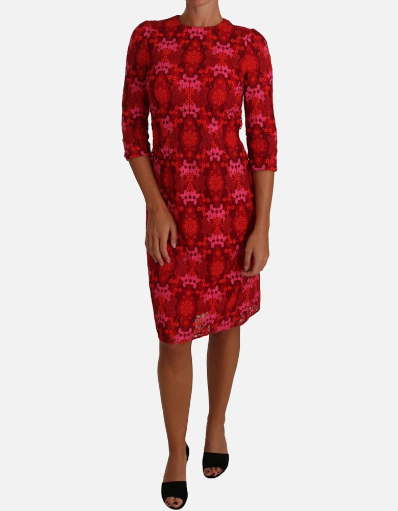 Floral Crochet Knee-Length Dress in Pink and Red Hues Women Dresses