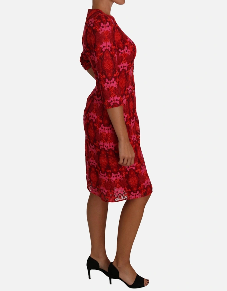 Floral Crochet Knee-Length Dress in Pink and Red Hues Women Dresses