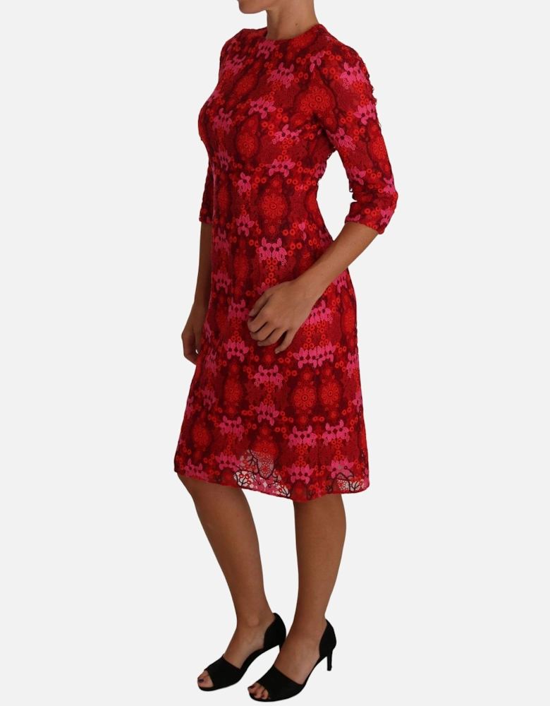 Floral Crochet Knee-Length Dress in Pink and Red Hues Women Dresses