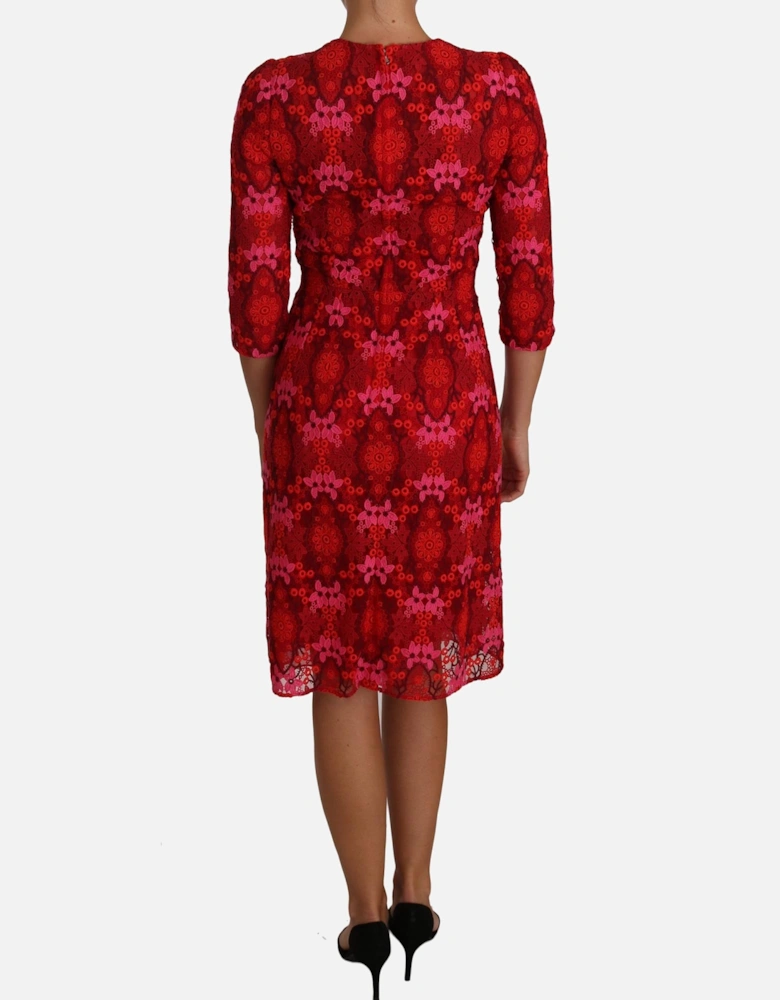 Floral Crochet Knee-Length Dress in Pink and Red Hues Women Dresses