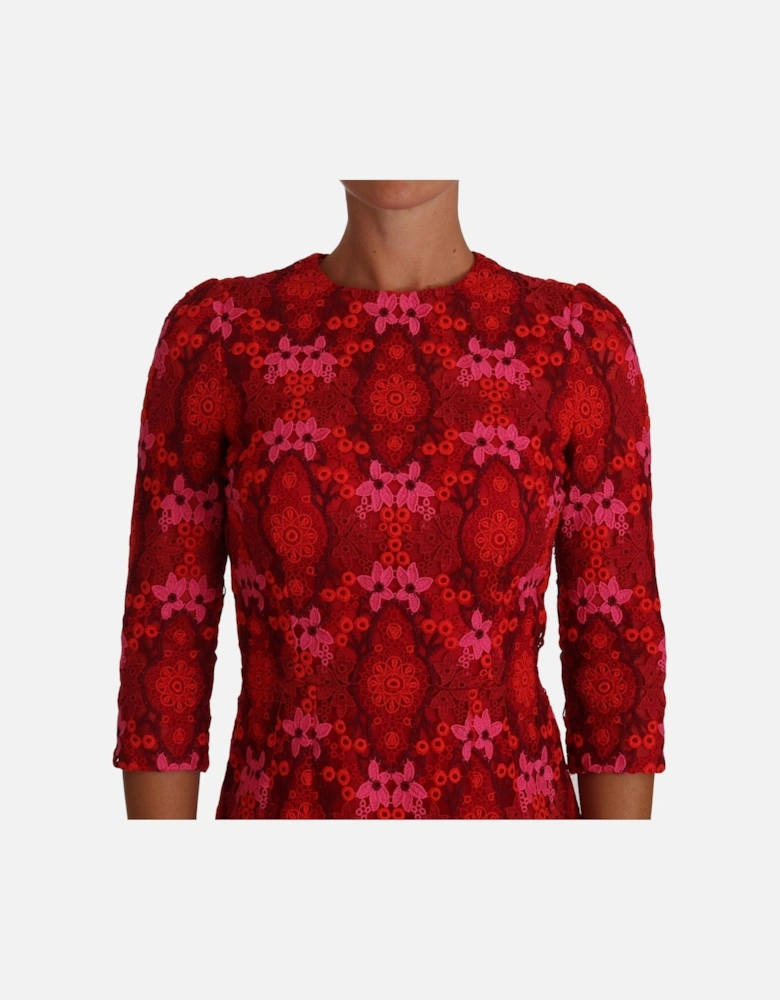 Floral Crochet Knee-Length Dress in Pink and Red Hues Women Dresses