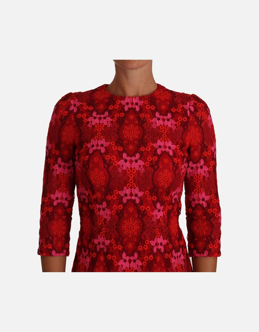 Floral Crochet Knee-Length Dress in Pink and Red Hues Women Dresses