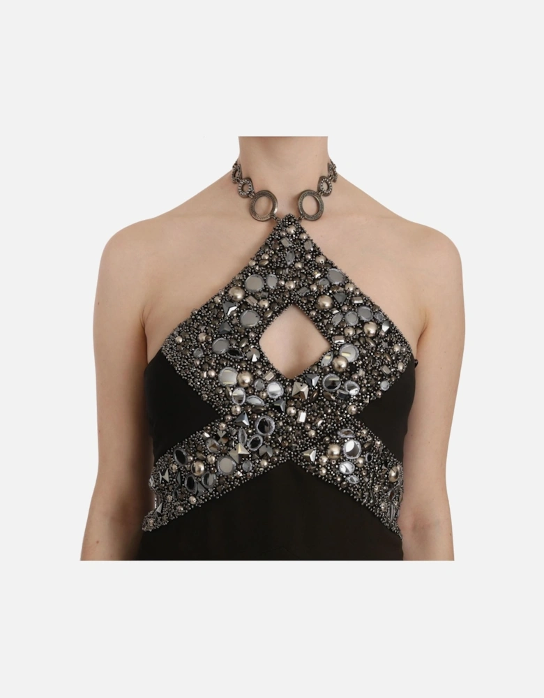 Halter Neck Mini Dress Embellished Bodice Women - Black Dresses