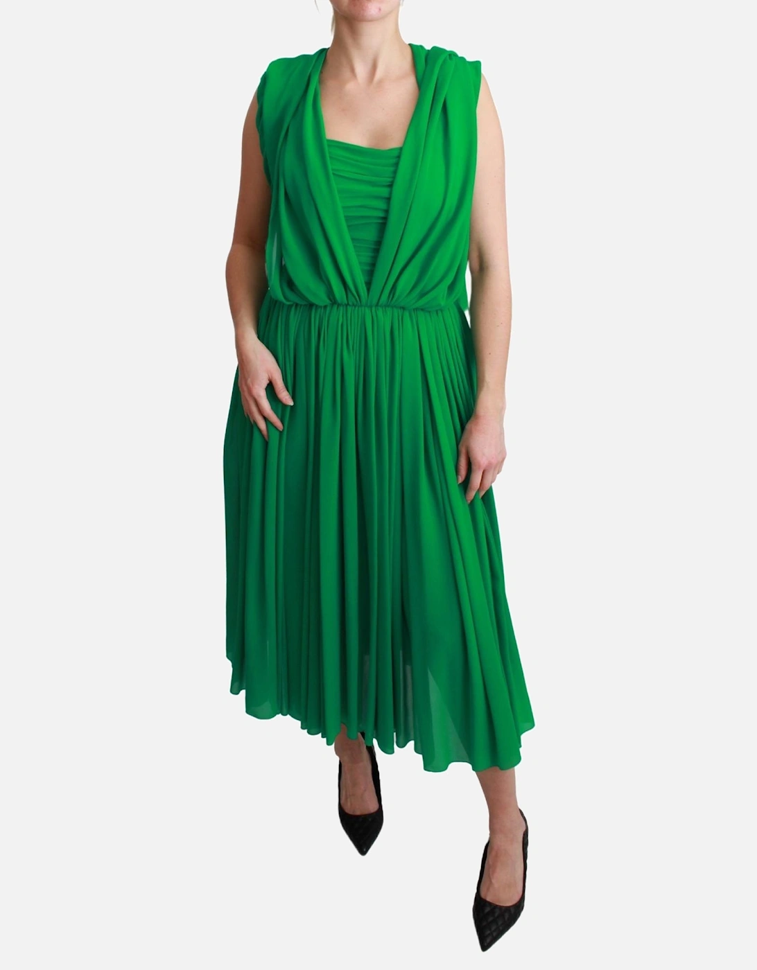 Dolce Gabbana Pleated Midi Dress Sleeveless VNeck Women - Green, 6 of 5