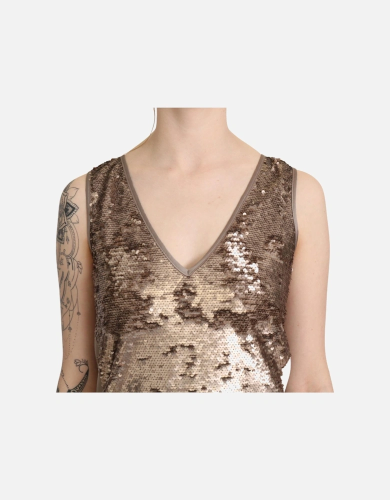 V-neck Sleeveless Sequined Sheath Mini Dress Women - Brown Dresses