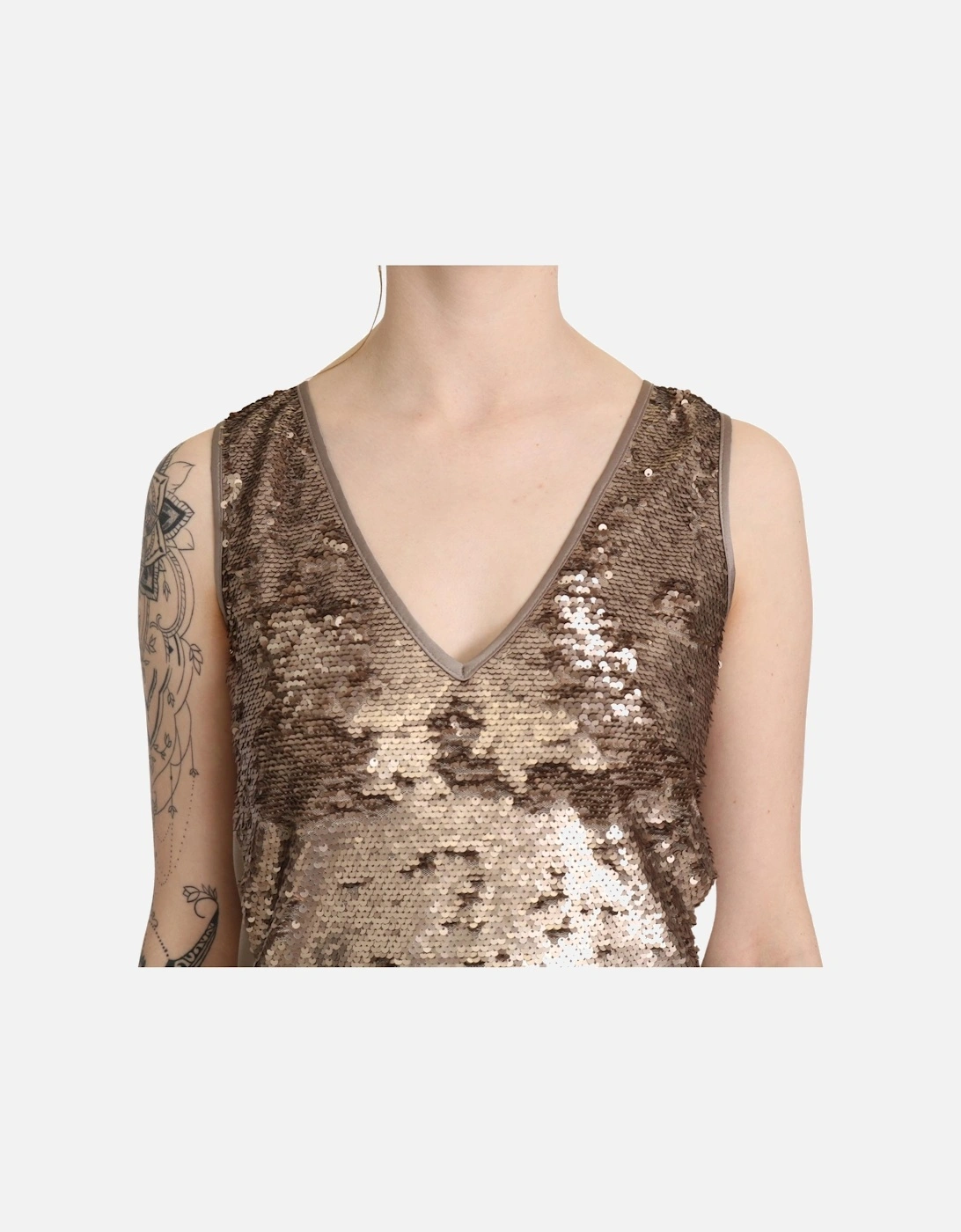 V-neck Sleeveless Sequined Sheath Mini Dress Women - Brown Dresses