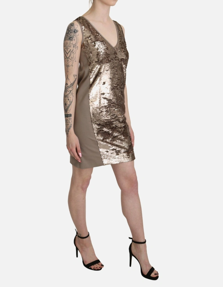 V-neck Sleeveless Sequined Sheath Mini Dress Women - Brown Dresses