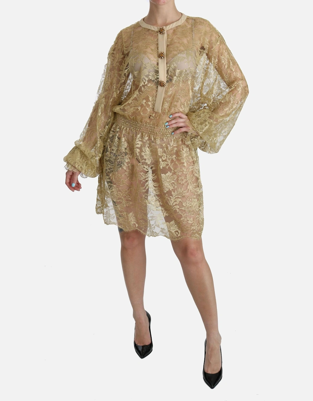 Lace Mini Dress Gold Long Sleeves Women Dresses, 6 of 5