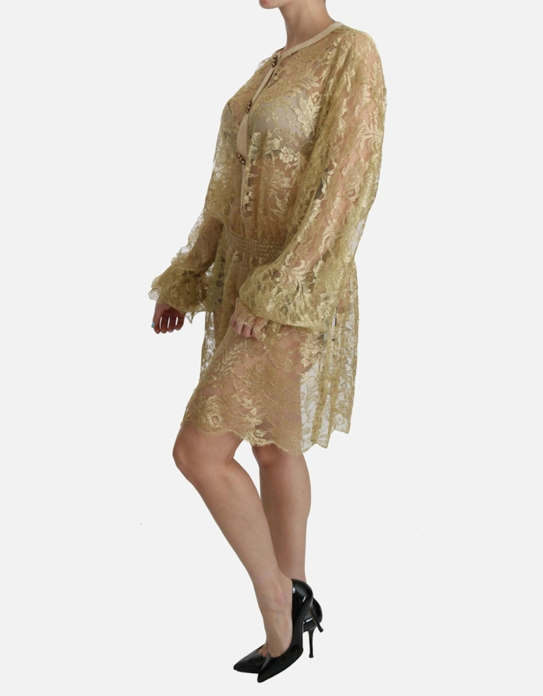 Lace Mini Dress Gold Long Sleeves Women Dresses