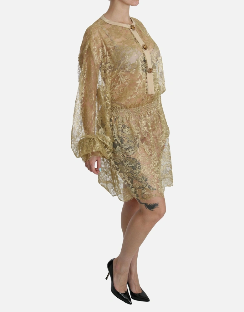 Lace Mini Dress Gold Long Sleeves Women Dresses