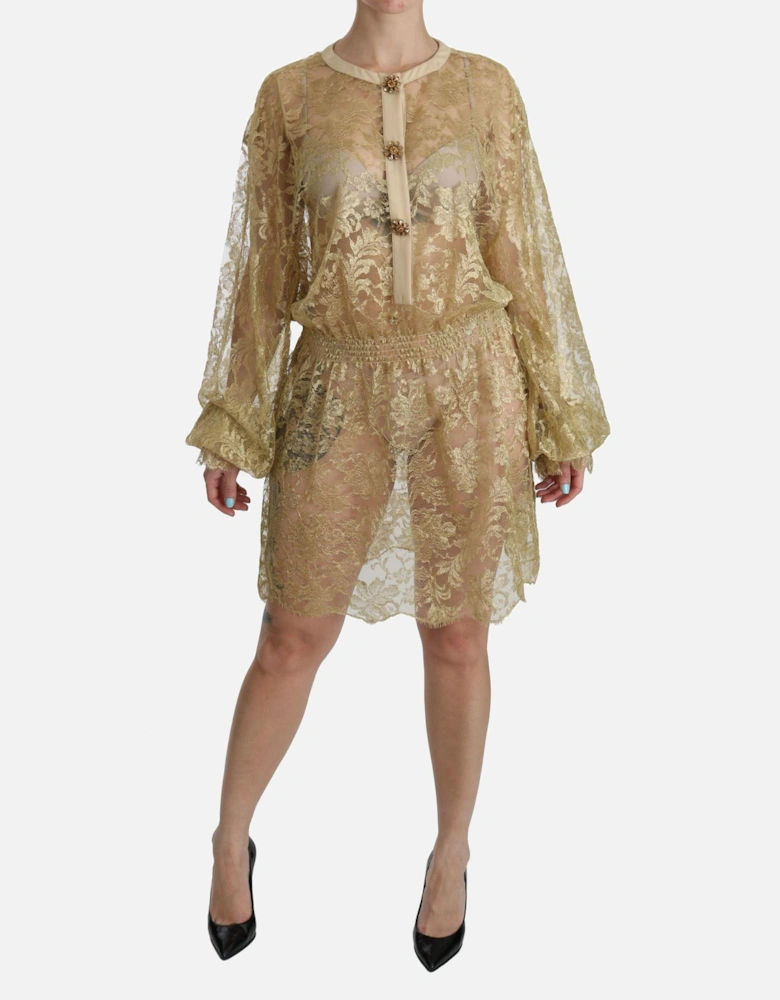 Lace Mini Dress Gold Long Sleeves Women Dresses