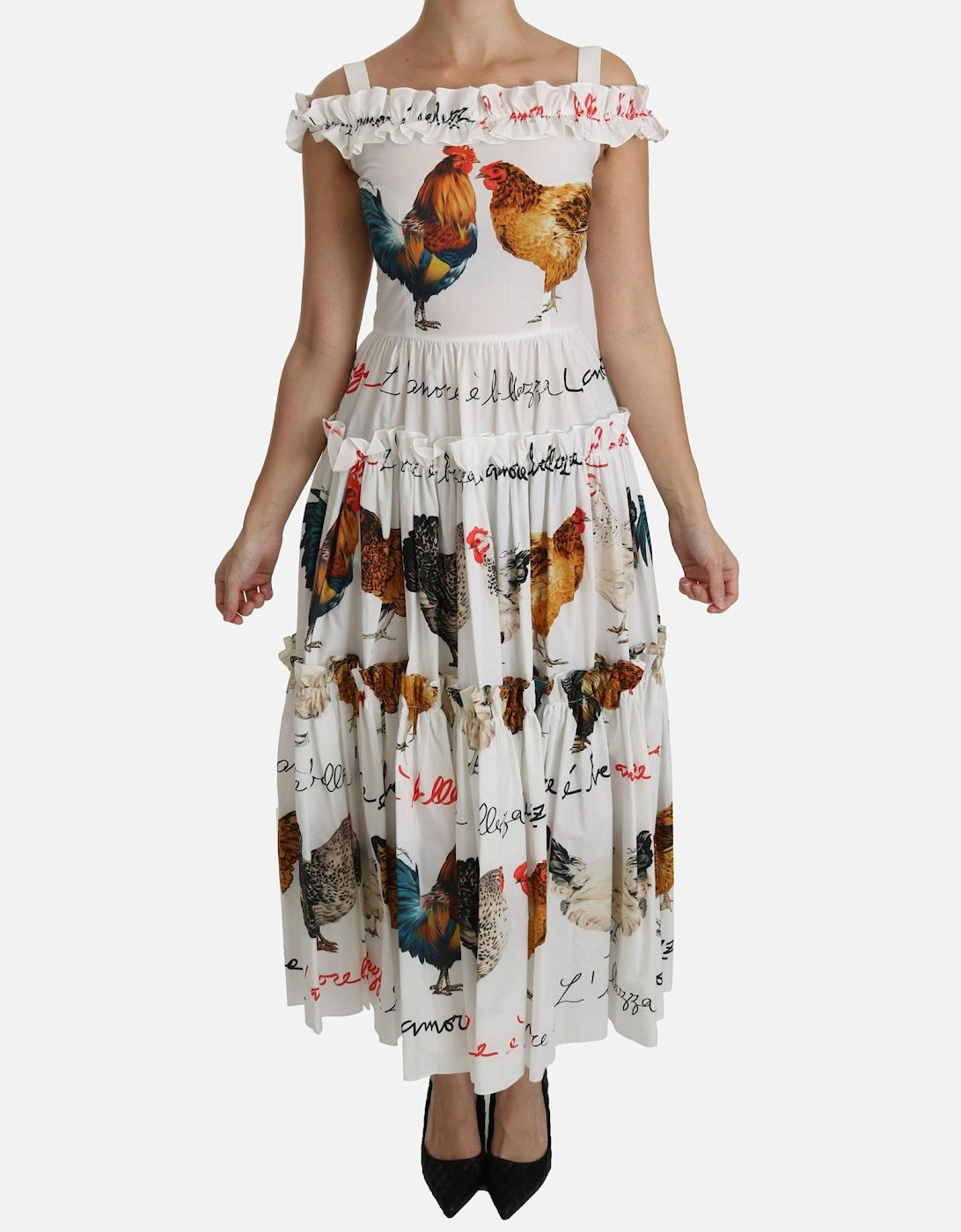 Chicken Print Midi Dress Ruffled Tiered Dress Women - White Dresses, 12 of 11