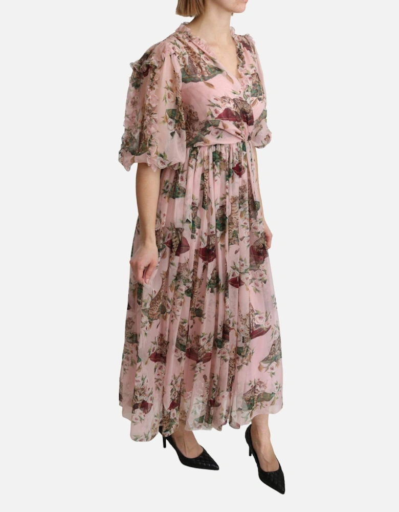 Cat Print Silk Midi Dress Women - Pink Dresses