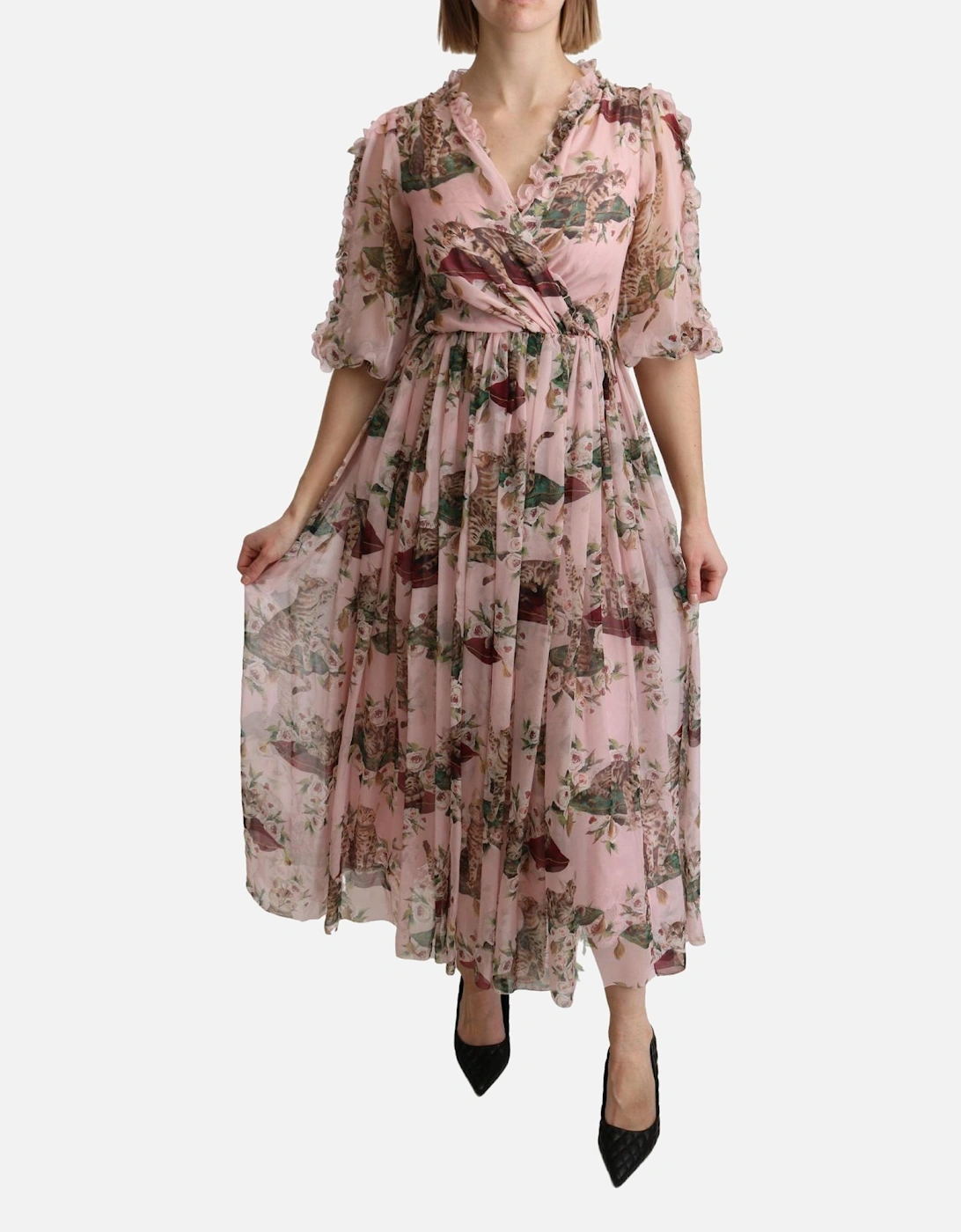Cat Print Silk Midi Dress Women - Pink Dresses, 6 of 5